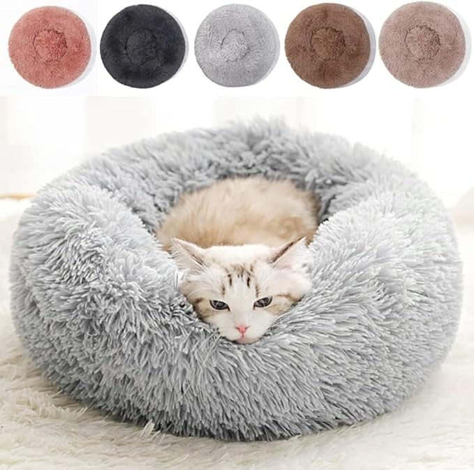 Fluffy Calming Cat Beds for Indoor Cats - Washable Round Dog Beds for Small Medium Dogs, Anti Anxiety Plush Faux Fur Pet Bed