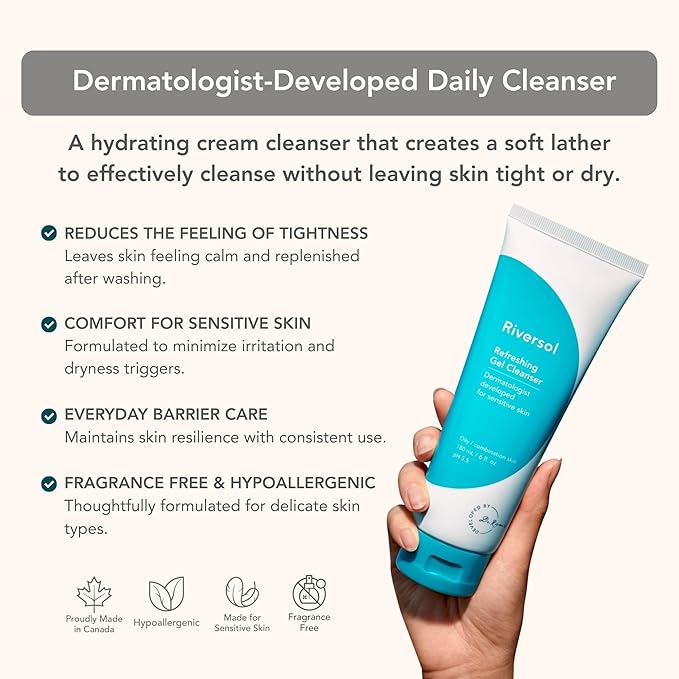 Riversol Hydrating Cream Cleanser | Gentle Face Wash for Dry & Sensitive Skin | Non-Foaming Moisturizing Cleanser w/Hinokitiol | Removes Makeup Gently | Fragrance Free | Dermatologist Developed