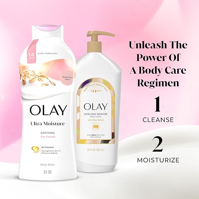 Olay Body Wash for Women,Ultra Moisture,For Sensitive Skin,Soothing Formula,24hr Moisturizing,Hydrating&Refreshing,B3 Vitamin Complex,Free of Parabens&Phthalates,Oat Extract Scent,22 fl oz,(Pack of 2)