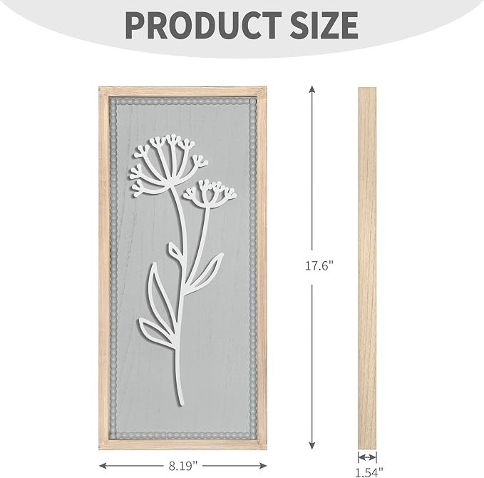 Gray Bathroom Wall Decor Set of 2, Rectangular 3D Wooden Floral Wall Art | Raised white floral cutouts in rectangular frames, ready to hang; neutral boho farmhouse decor for bedroom and hallway walls
