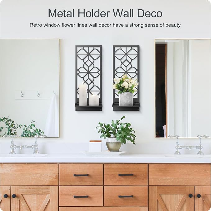 Black Wall Candle Holder Set of 2, Farmhouse Bathroom Metal Wall Decor | 3D Wall Candle Sconces, Rustic Vintage Wall Art for Bedroom, Living Room (16.5 x 7 in)