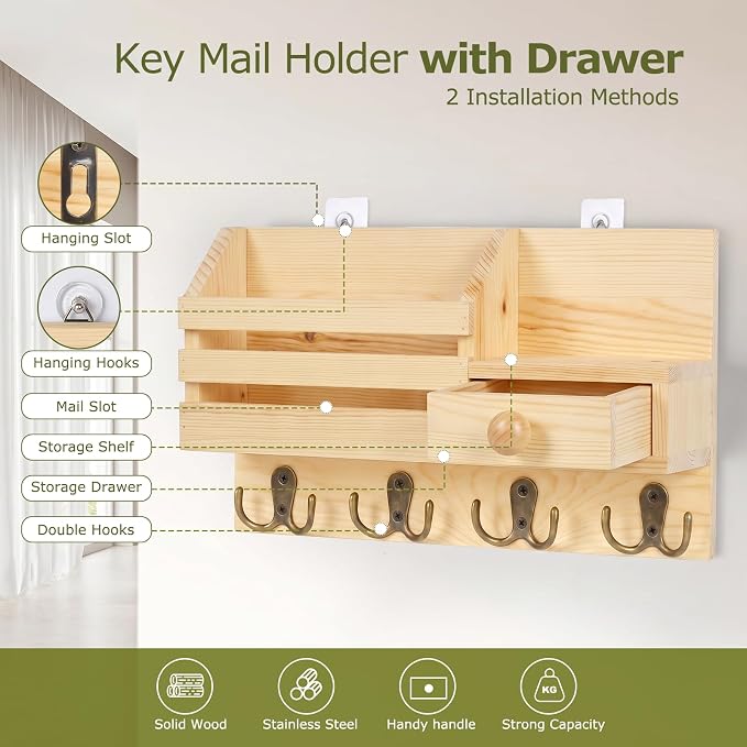 Key Holder Wall Mount, Wooden Key and Mail Organizer, Natural | 2 Mount Options, Includes 8 Hooks, Fence Mail Slot, Small Drawer and Shelf, for Entryway, Hallway, Doorway, Living Room, RV