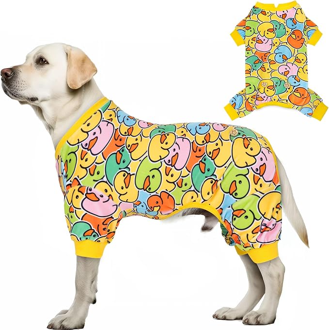 KYEESE Velvet Dog Pajamas for Medium Large Dogs Soft Onesie, Colorful Duck | 4-Way Stretch, Lightweight & Breathable, Reduces Shedding, Gentle on Sensitive Skin, Recovery Support, Easy Potty Breaks