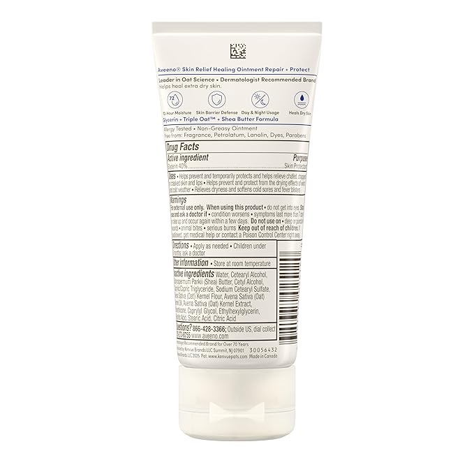 Aveeno Skin Relief Healing Ointment, Repair & Protect Extra Dry, Cracked Skin, Glycerin Protectant with Triple Oat & Shea Butter, Fragrance-Free & Non-Greasy Feel, Travel Size, 2.0 oz