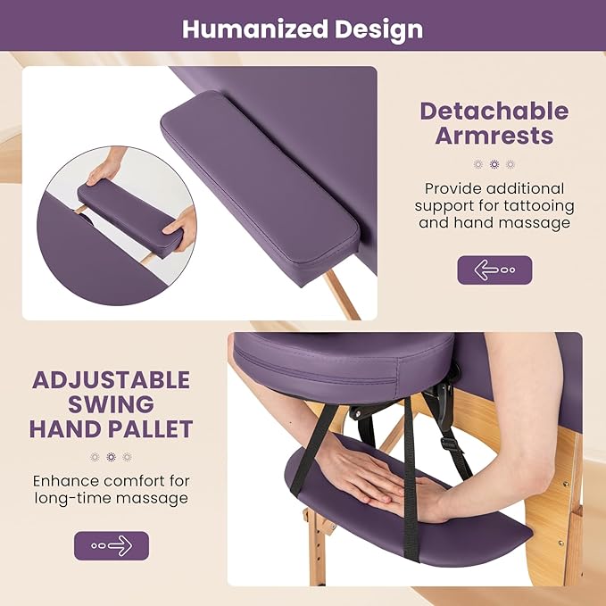 Giantex Massage Table, Portable Massage Bed w/Carrying Case, 2-Section Salon Spa Facial Care Tattoo Bed, Height Adjustable, Wood Frame, Professional Massage Lash Bed for Eyelash Extension (Purple)