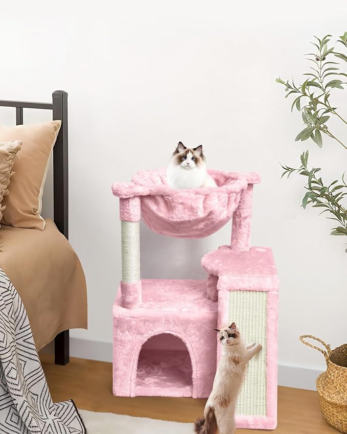 SYANDLVY Cat Tree for Indoor Cats Large Adults, Modern Activity Tower with Scratching Posts & Board, Condo with Plush Perch, Climbing Stand with Cradle & Hanging Ball for Play, Pink