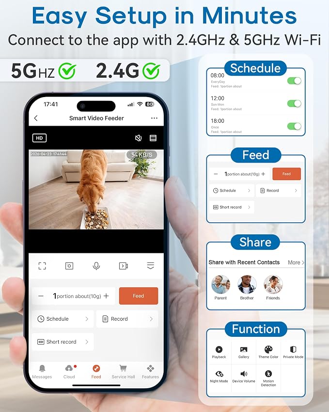 Automatic Dog Feeder Large Breed, 15L/63 Cups Auto Dog Food Dispenser | Anti-Clog Design for 2–23mm Large Kibble, 1080P HD Camera ＆ Night Vision, Easy Setup 5G WiFi App Control for Busy Pet Parents