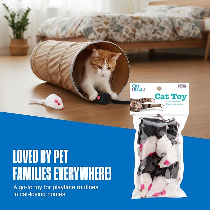 Penn-Plax Play Fur Mice Cat Toys, 12 Pack - Soft Polyester with Rattling Sound for Interactive Play, Exercise & Hunting - Lightweight Cat Toy Set for All Ages & Breeds - Black, White & Gray - 2 Inches