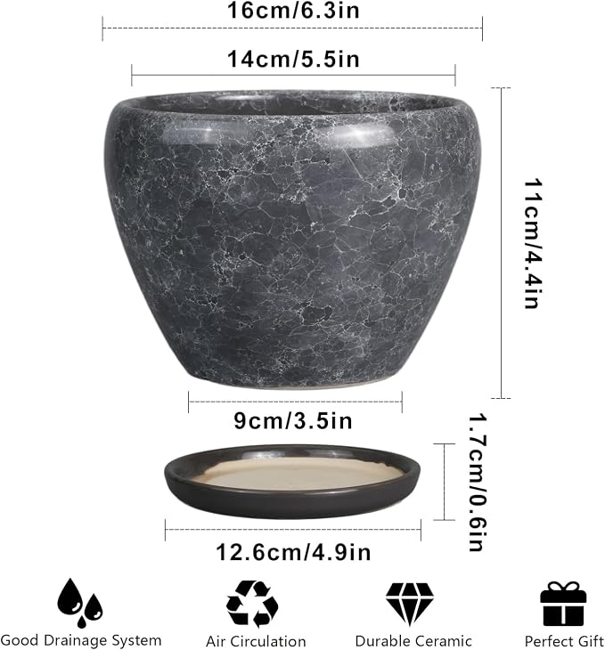 Ceramicfor Ceramic Planter - 6 Inch Plant Pot with Drainage Hole and Saucer, Succulent Pot Glaze Round Flower Pot for Indoor Outdoor Plants, Gray