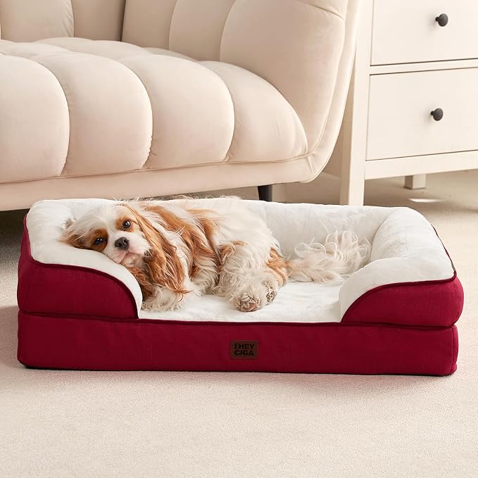 EHEYCIGA Orthopedic Extra Large Dog Bed, Waterproof Washable XL Pet Bed 44" | Non-Slip Bottom and Egg-Crate Memory Foam Big Dog Couch Bed with Washable Removable Cover, Red, 44Inch