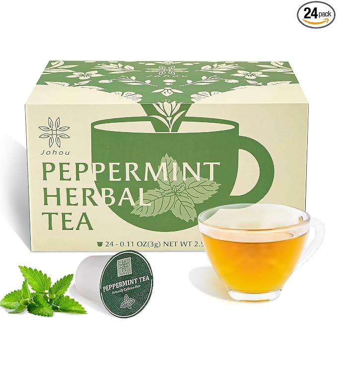 Johou Peppermint Herbal Tea Pods, Specially Ground Pure herb, Full-Flavor, Compatible with All K-Cup Brewers & Keurig 2.0, 24 pods, Caffeine Free Sleep time Tea, Made in Taiwan