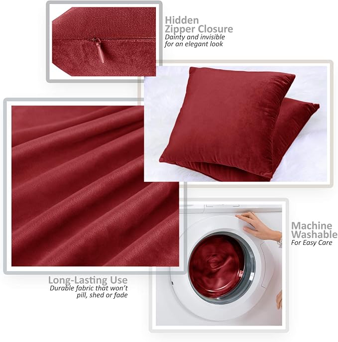 Throw Pillow Inserts Pack of 2 with Velvet Soft Solid Decorative Square Throw Pillow Covers Set for Sofa Couch Car Bedroom, 26X26 Throw Pillows Inserts with 24x24 Washable Cushion Covers, Cherry Red