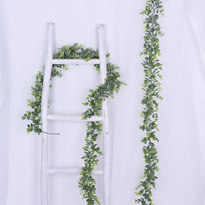 Faux Eucalyptus Garland Plant, 2 Pack Artificial Vines Hanging Eucalyptus Leaves Greenery Garland for Wedding Backdrop Arch Wall Decor, 6 Feet/pcs UV Protected Indoor Outdoor