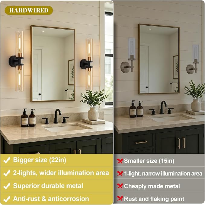 Indoi Wall Sconces Set of Two, Hardwired Black and Gold Bathroom Sconces Wall Lights with Amber Glass, Modern Sconces Wall Decor Set of 2 Vanity Light fixtures for Bathroom Mirror Living Room