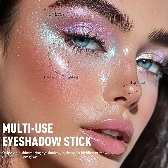 Glitter Eyeshadow Stick - Blue Holographic Shimmer Long Lasting Cream Eye Shadow Pencil Buildable Sparkling Face Highlighter Makeup, Lightweight Waterproof & Smudge Proof for Easy Application
