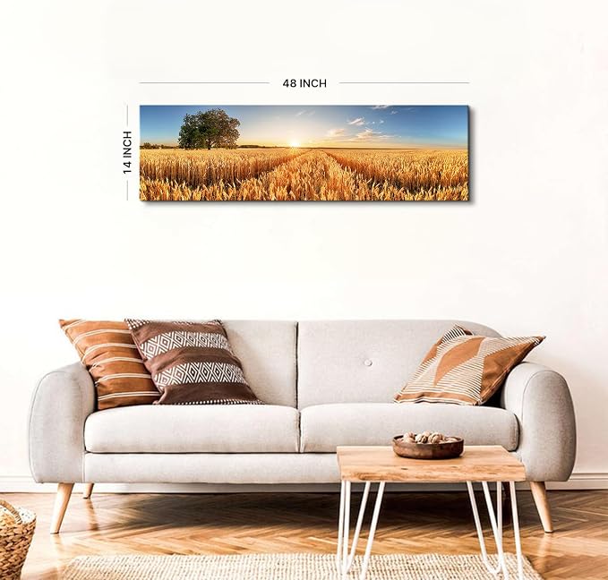 Sunset Nature Forest Wall Art Wheat Field Landscape Pictures Wall Decor for Living Room Kitchen Sunrise Country Meadow Scenic Painting Farmhouse Poster Panoramic Artwork Home Bedroom Decoration 14x48”