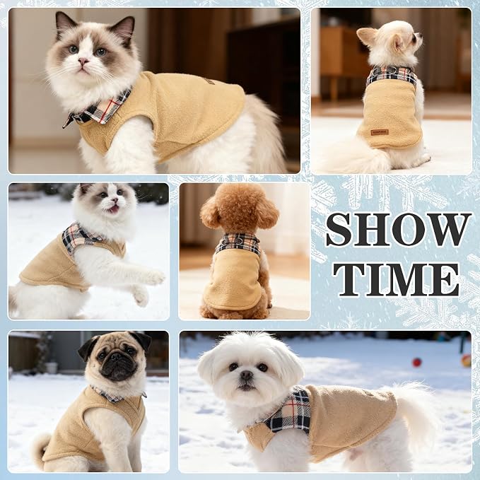 Fleece Dog Sweater - Classic Plaid Dog Jacket, Winter Coat Vest with 2 D-Rings for Leash, Pet Cold Weather Clothes, Sweatershirt for Boys or Girls