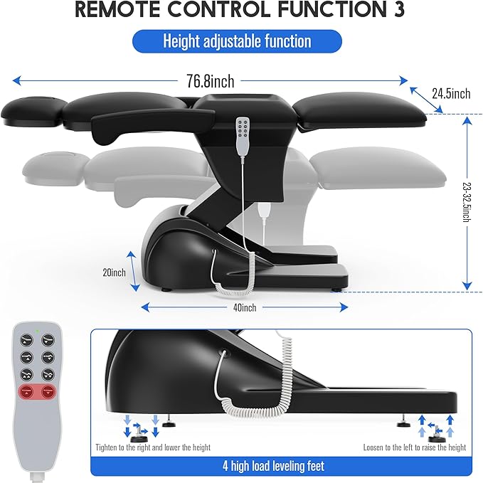 Dolonm 3 Motor Electric Chair, Hand Remote Controlled Adjustable, Hydraulic System for Medical Treatment Exam, Facial, Spa, Eyelash, Tattoo, Podiatry Treatment Beauty Massage - Black