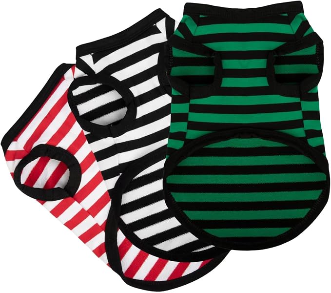 3 Pieces Dog Striped Shirt Red Green Black Color Cotton Sleeveless Puppy Pet Shirts Breathable Apparel Tank Top Colorful Puppy Sweatshirt Clothes for Small Medium Dogs X-Small