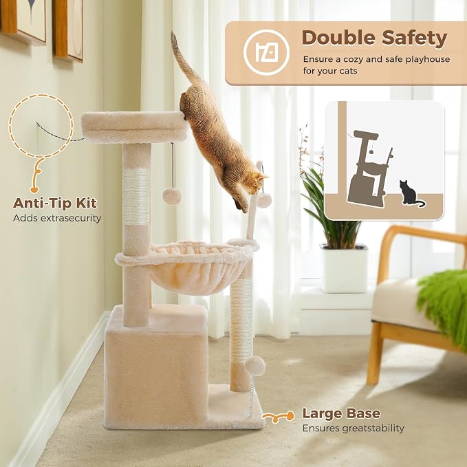 PEQULTI 4-in-1 Cat Tree for Kittens & Small Cats, 33in Beige Tower | Compact 33in cat tower: deep hammock, cozy condo, top perch, sisal post; removable washable cover; wide base for small cats