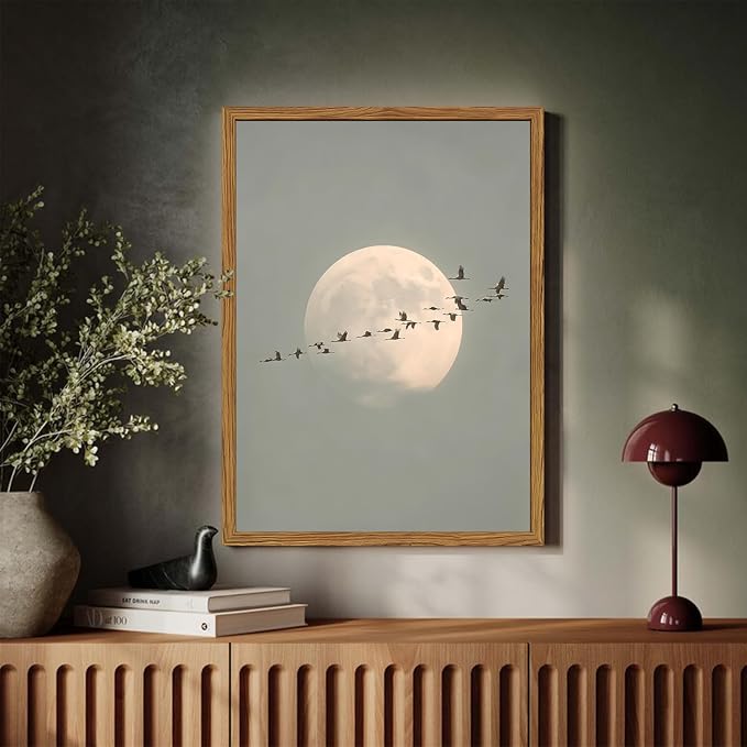 Framed Vintage Bird Wall Art, Minimalist Moon Flying Birds Pictures Wall Decor, Japandi Nature Landscape Paintings Canvas Prints Neutral Home Decor for Living Room Bedroom Bathroom 12x16 Inch