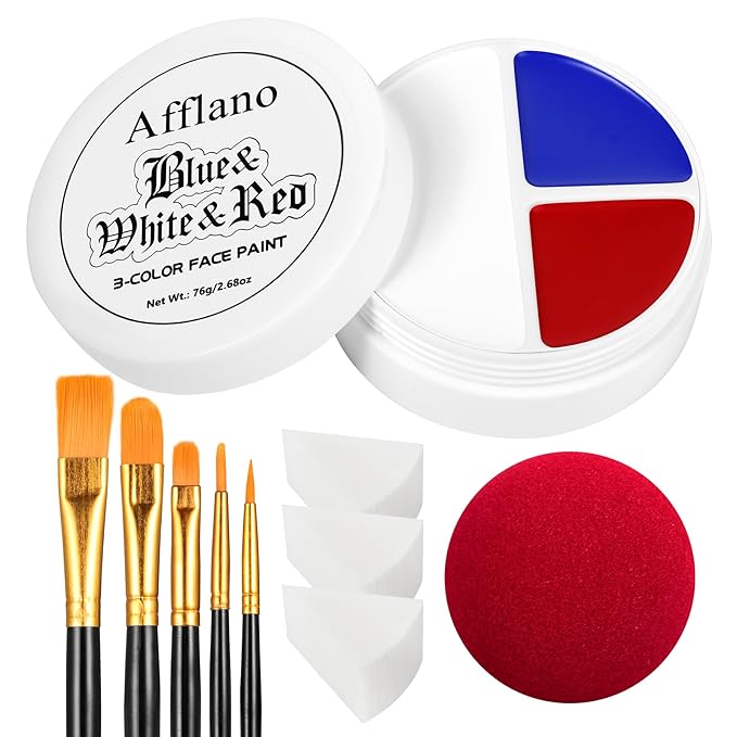 Blue White Red Face Body Paint Halloween makeup Kit, 3 colors Cream Blendable Paints with 5 Brushes, Sponge Applicators & Clown Nose Face Painting Set for Kids Adults Devil SFX Clown Costume Cosplay