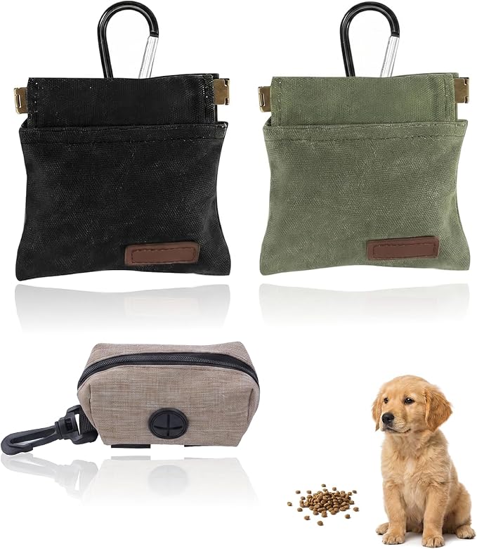 3 Pcs Dog Treat Pouches for Pet Training & Poop Bag Holder for Leash, Hands-Free Portable Auto-Closing Puppy Snack Bag with Carabiner for Travel Or Outdoors