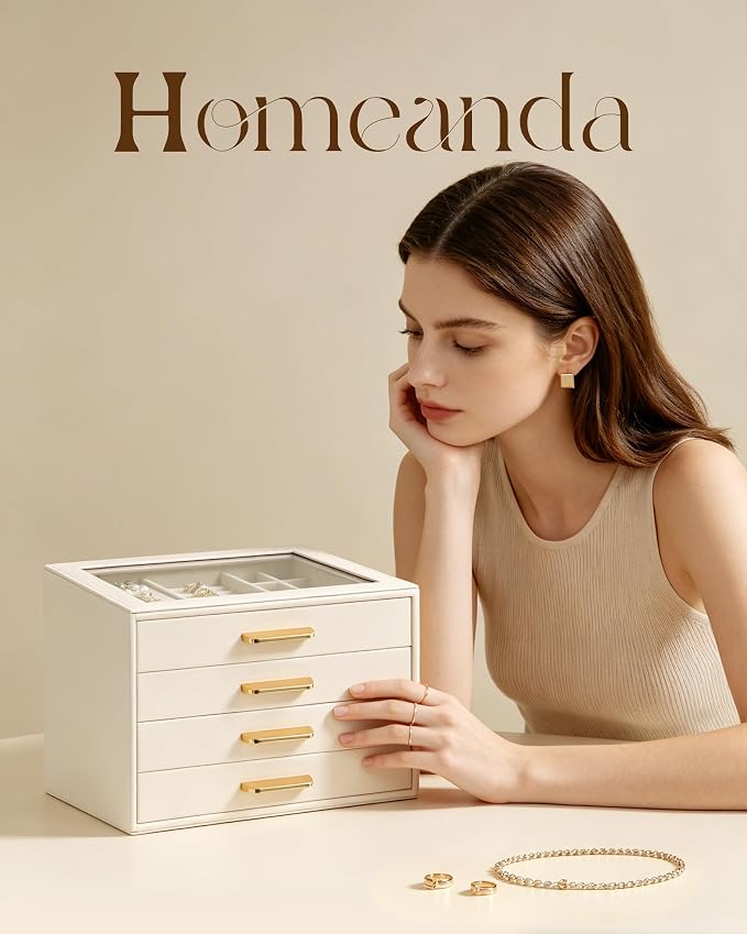 Homeanda Jewelry Boxes Organizer with Glass Lid, 4-Layer PU Leather, Beige | Modern style display case with 4 drawers for daily jewelry, women, mom or girl gift