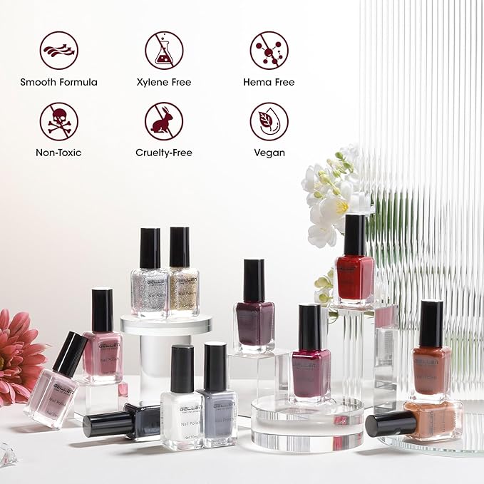 Gellen 12-Color Nail Polish Set, 10ml Fall Winter Trendy Air Dry Regular Nail Polish for Women Finger Toe & Fake Nails, Not UV Gel, Toxin TPO HEMA Free, Black White Gray Nude Red Brown Gold Silver Set