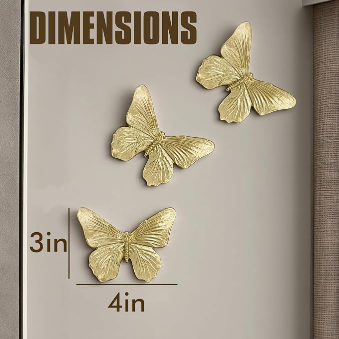 GUSFREUD 3D Butterfly Wall Decor Set – Resin Wall Decor for Living Room, Bedroom, Bathroom, Dining Room, Outdoor and Gallery Walls - Antique Gold - Set of 3