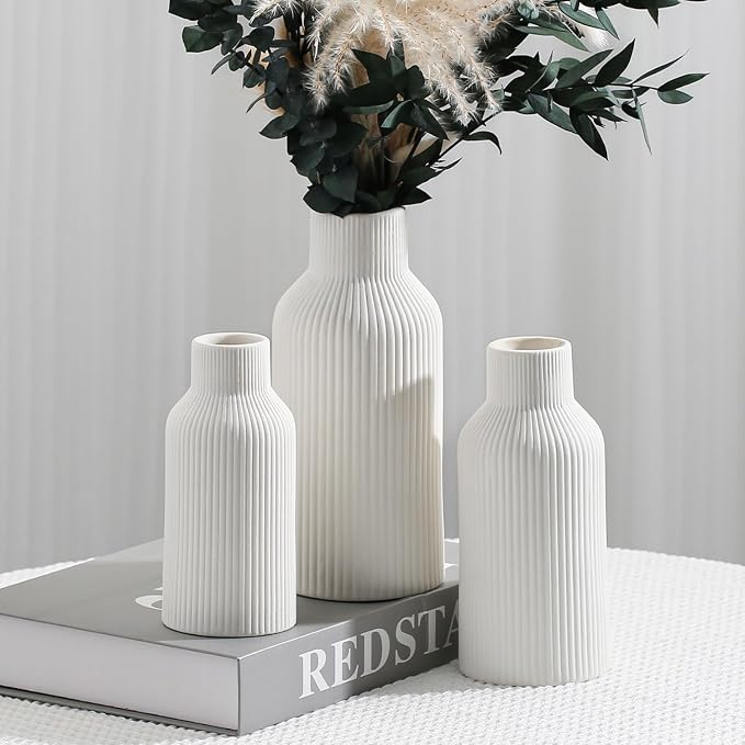 Bohemian White Ceramic Vase - for Pampas Grass, Mantel, Bookshelf, Entryway and Living Room Decor (White, Set of 3)