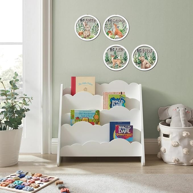 Woodland Nursery Wall Decor, Inspirational Girl Room Hanging Sign, 4 Pieces 10''x10'' Jungle Animals Wooden Decoration for Kids, Cartoon Fox Bear Art Sign for Teens Toddler Boy Baby Playroom