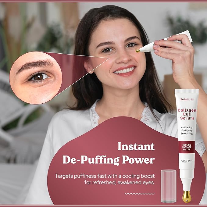 BellaBLISS Collagen Eye Serum with Cooling Roller – Under Eye Treatment for Puffiness, Dark Circles & Fine Lines – Anti-Aging, Hydrating Formula – Made in Korea – 20 ML – Pack of 2