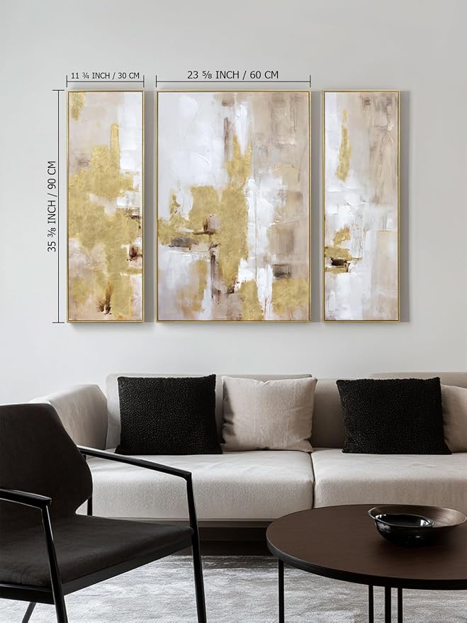 Zessonic Abstract Gold and Beige Textured Wall Art,12"x36"x2 and 24"x36"x1 | Gold and Beige Modern Textured Canvas Prints with Hand-Applied Brush Strokes, Large Wall Decor for Bedroom Office Dining Room