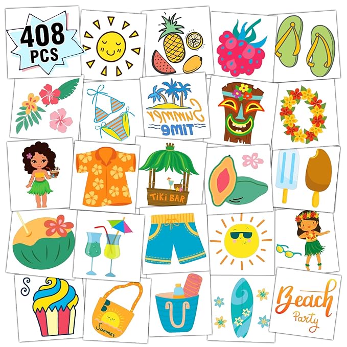 Partywind 408 PCS Kids Tattoos for Party Supplies, Individually Wrapped Sheet Temporary Tattoos Stickers for Kids Goodie Bag Stuffers, Fun Birthday Party Favors - Hawaiian