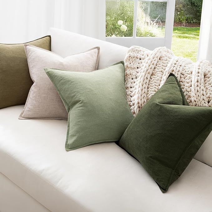 MIULEE Green and White Boho Linen Pillow Covers 20x20 Inch Pack of 4 | Natural Throw Pillow Covers, Soft Farmhouse Couch Pillowcases, Modern Decor for Living Room Bed Sofa