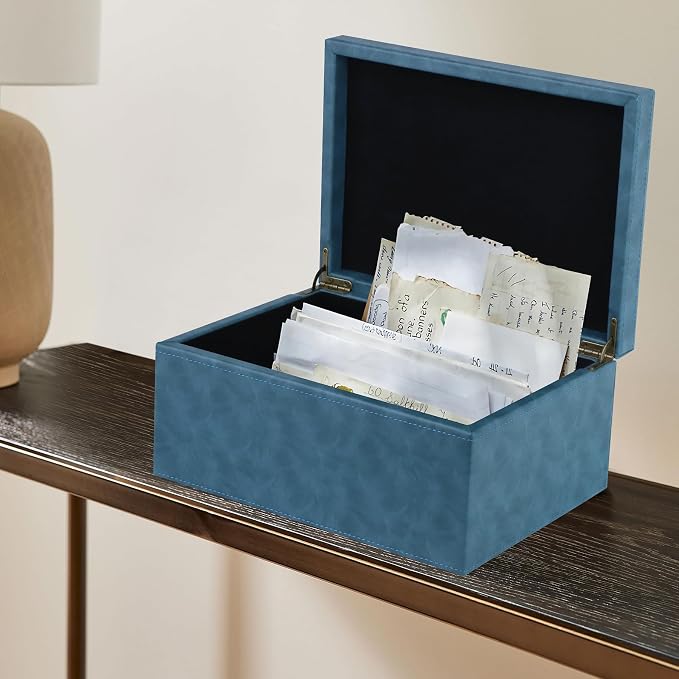 HofferRuffer Faux Leather Decorative Box, Large Wooden Structure Keepsake Box Accessory Organizer Jewelry Organizer with Hinged Lid, Storage Container for Home or Office (Blue)