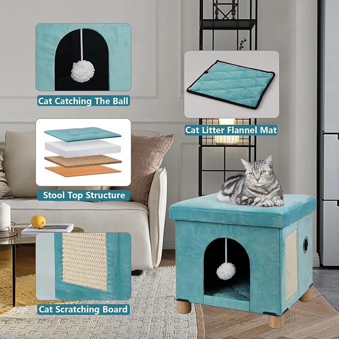 BRIAN & DANY Cat Beds for Indoor Cats,Cat Cave House for Kitten with Scratch Board & Ball, 14.5X 12.5X 14.1 inches, Green