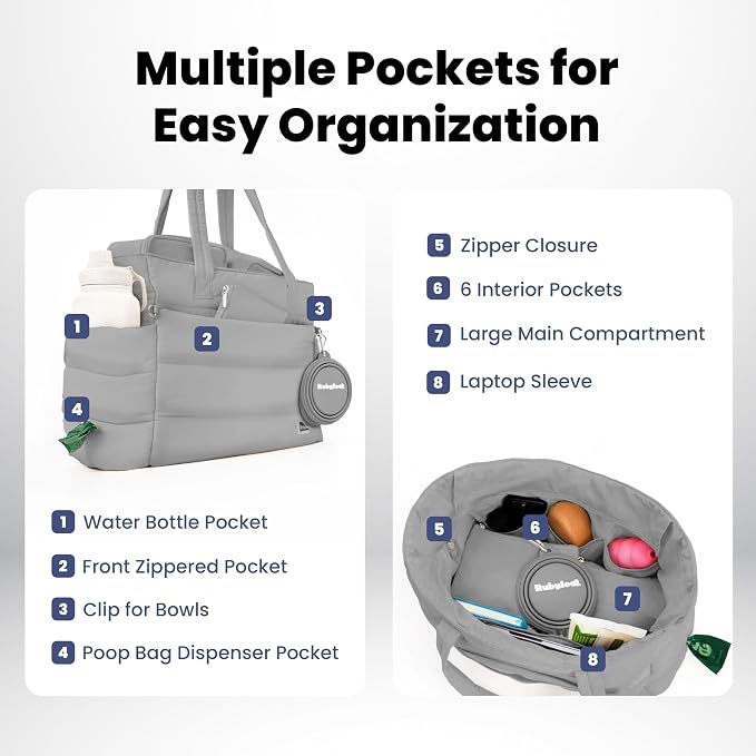 Rubyloo Puffer Dog Travel Bag for Dog Moms, Diaper Bag with Travel Bowls