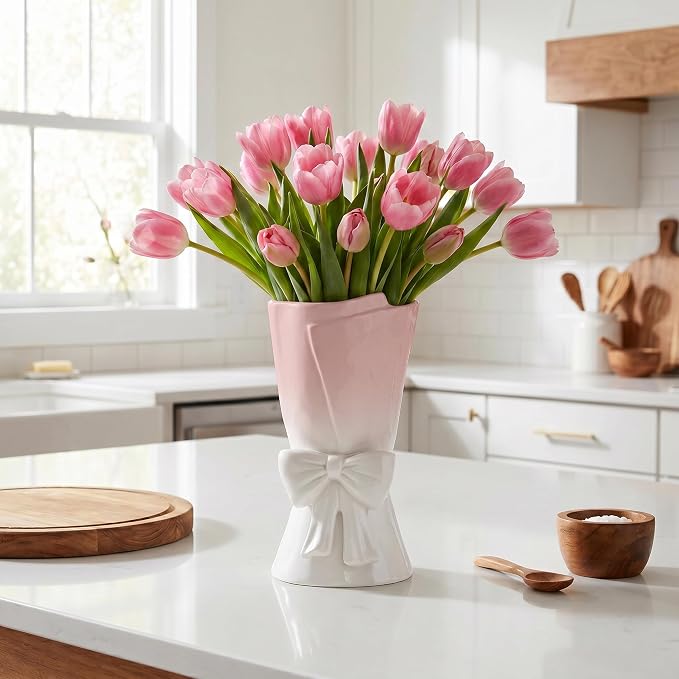 Relexome Pink White Ceramic Bow Vase 9.64 in Unique Cute Modern Decorative Bouquet Flower Vases for Home Living Room Table Decor
