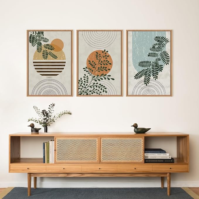 FWIEXA Framed Boho Canvas Wall Art Set, Sage Green Botanical Pictures Wall Decor, Abstract Plants Art Prints, Mid Century Modern Geometric Wall Painting, 3 Panel 16x24 Inches for Living Room, Bedroom, Office
