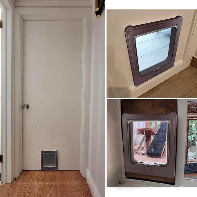 NAMSAN Cat Door Interior Door, Brown, Flap Opening 7.1" x 7.3", 4 Way Locking Cat Door for Exterior Door, Weatherproof Pet Door for Cats Small Dogs, Cat Flap Doors for Wooden/Metal Door, Window