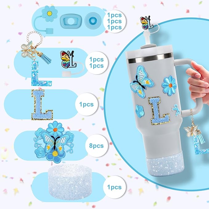 15PCS Cup Accessories Set for Stanley Cup 30oz 40oz Tumbler with Handle, Including Silicone Straw Cover and Boot, Spill Proof Stopper, Stanley Charms, Handle Charm, Initials Sticker