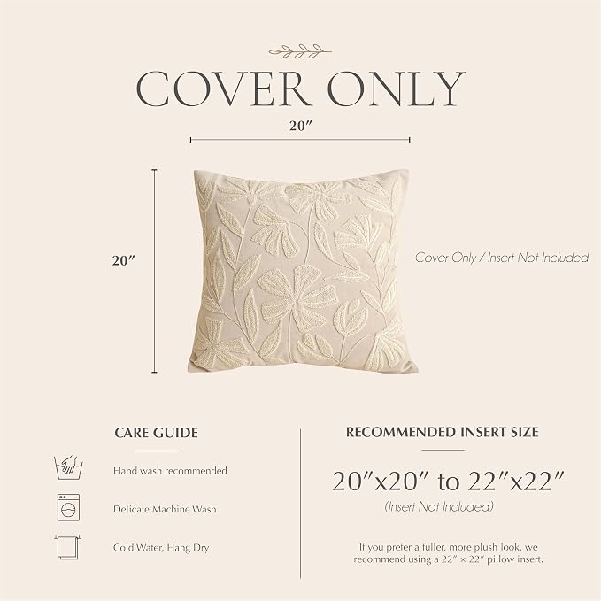 Decorative Throw Pillow Cover 20x20, Beige Neutral Velvet Accent Cushion Cover for Couch Sofa Living Room, Floral Tufted Square Pillowcase (Cover Only)