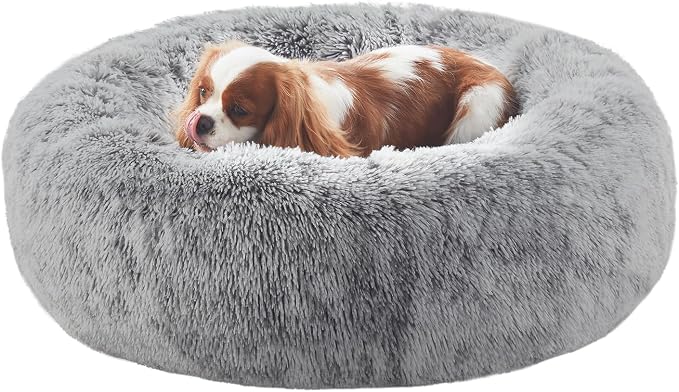 30 inches Faux Fur Fluffy Donut Dog Bed for Medium Dogs,Dark Grey | Calming Plush Round Pet Bed with Removable & Washable Cover,Fits up to 45 lbs Pets