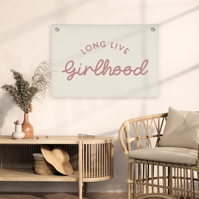 Girls Room Decor Long Live Girlhood Linen Banner Hanging Flag Retro Banner for Nursery Playroom Wall Decor for Kids Bedroom Decorations,Baby shower gifts 30x20 In (Pink Letter)