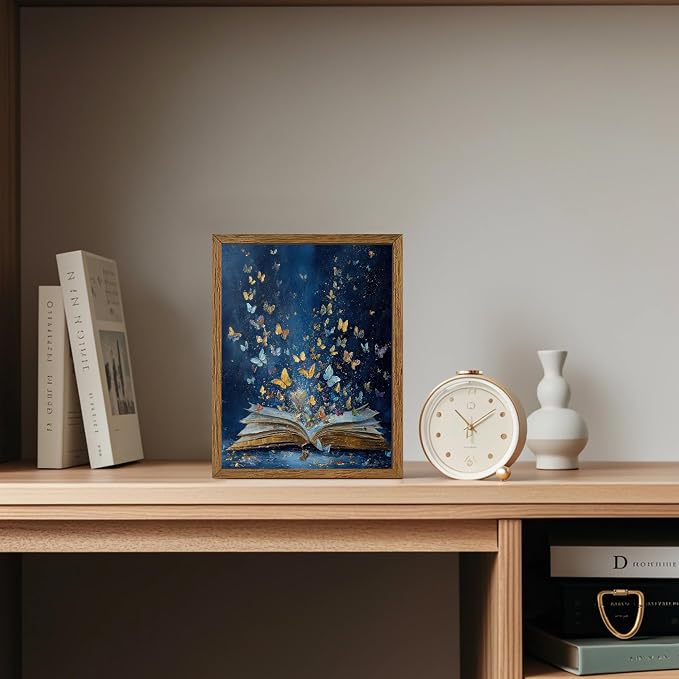 JLTULT Book Wall Art with Butterflies, Solid Wood-Framed Canvas, 8 x 10 in | Blue open-book art with butterflies on fade-resistant canvas and a ready-to-hang solid wood frame for bedrooms and studies