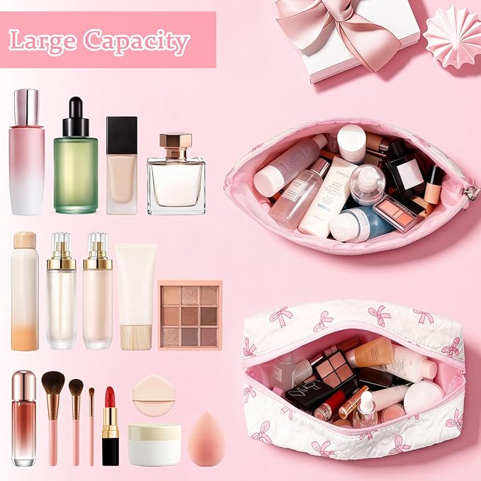 Initial Makeup Bag, Valentines Day Gifts for Women Teens Girls Birthday Gift Personalized Bow Cosmetic Bag, Quilted Cosmetic Travel Toiletry Pouch, Cute Makeup Organizer Teen Girl Gifts Trendy Stuff M