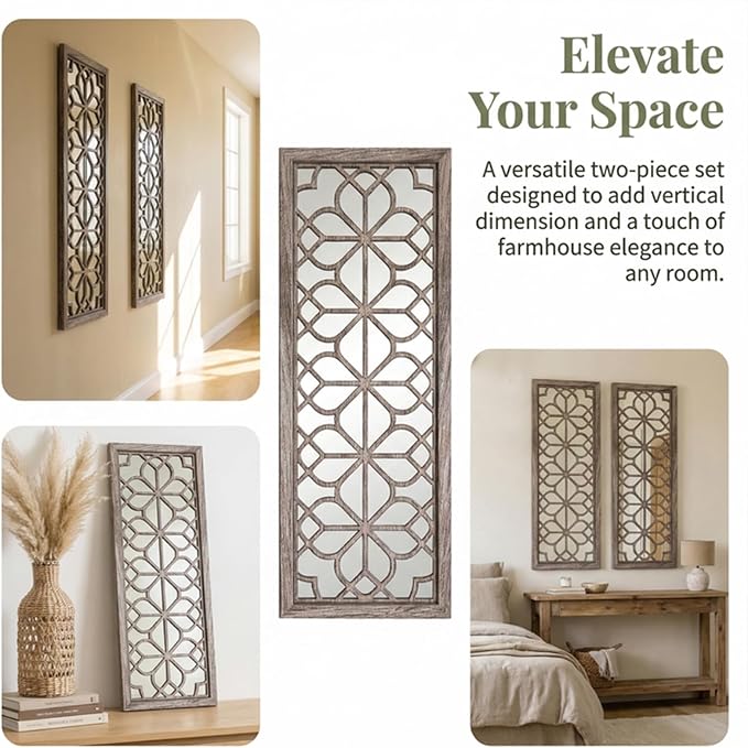 Set of 2 16x41.5 Inch Large Carved Floral Wood Frame Wall Mirrors, Shatterproof Boho Farmhouse Rustic Accent Mirrors for Living Room, Bedroom, Bathroom, Entryway & Home Wall Decor （Brown）