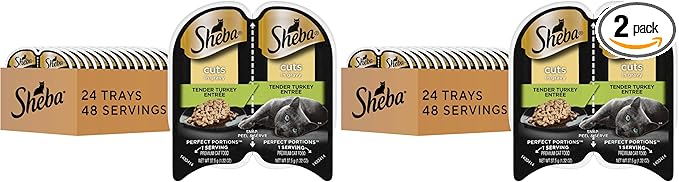 Sheba Perfect Portions Wet Cat Food Cuts in Gravy,Cat Food Wet Recipe,Turkey Entree,2.6 oz. Twin-Pack Trays (,48 Servings),24 Count (Pack of 2)